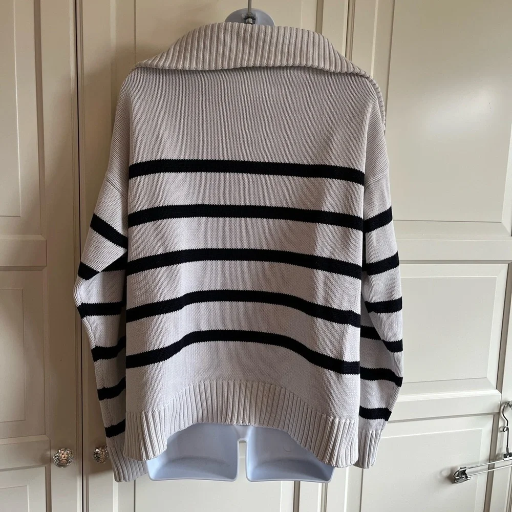 Zara Quarter Zip Striped oversize  Sweater Black and Whitish Taupe Size Medium - Picture 9 of 14